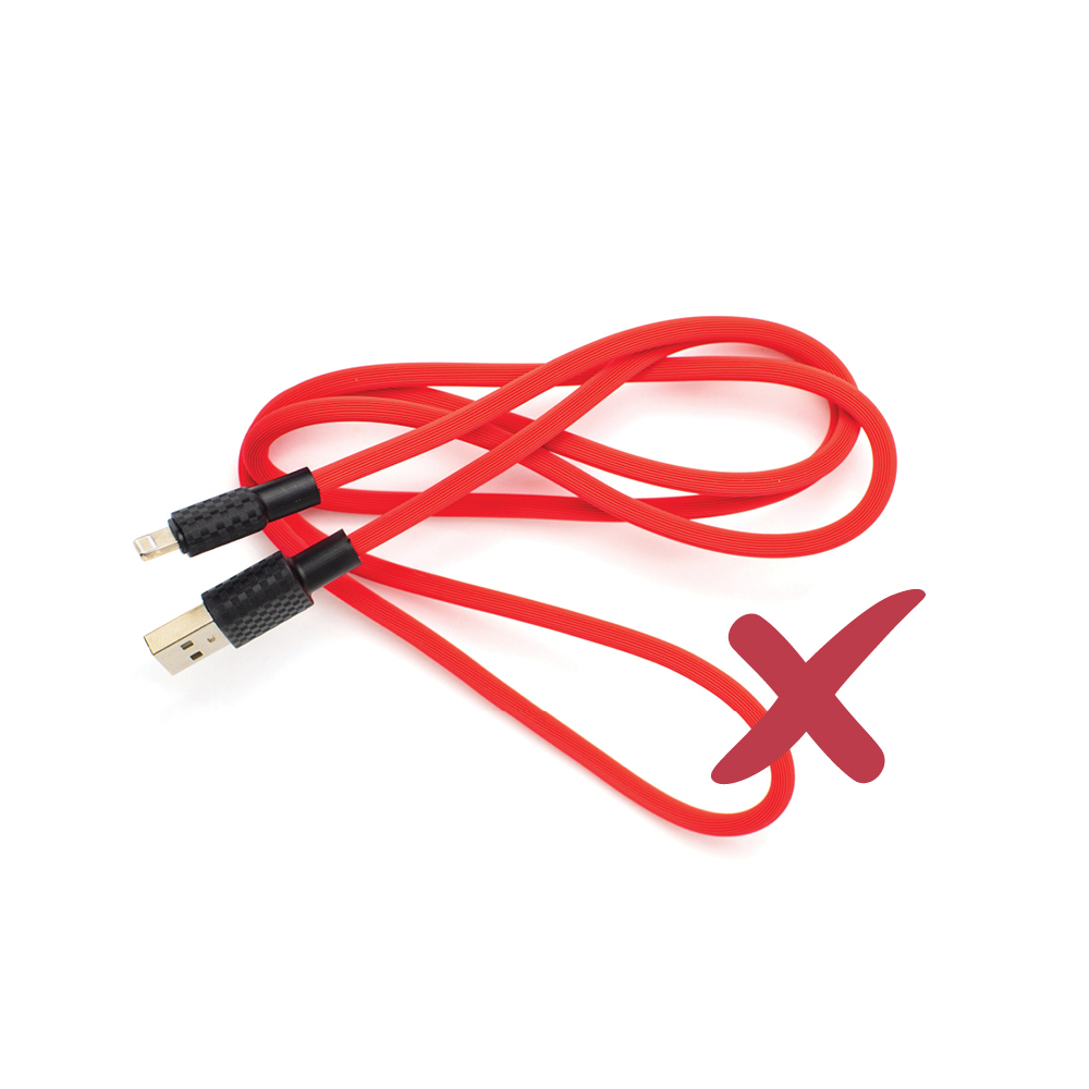 A USB cable with a red cross on it