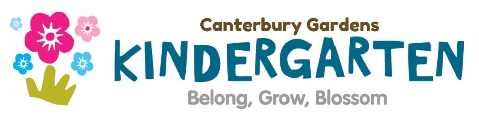 Logo for Canterbury Gardens Kindergarten with flowers and the text 'Canterbury Gardens Kindergarten. Belong, Grow, Blossom.'