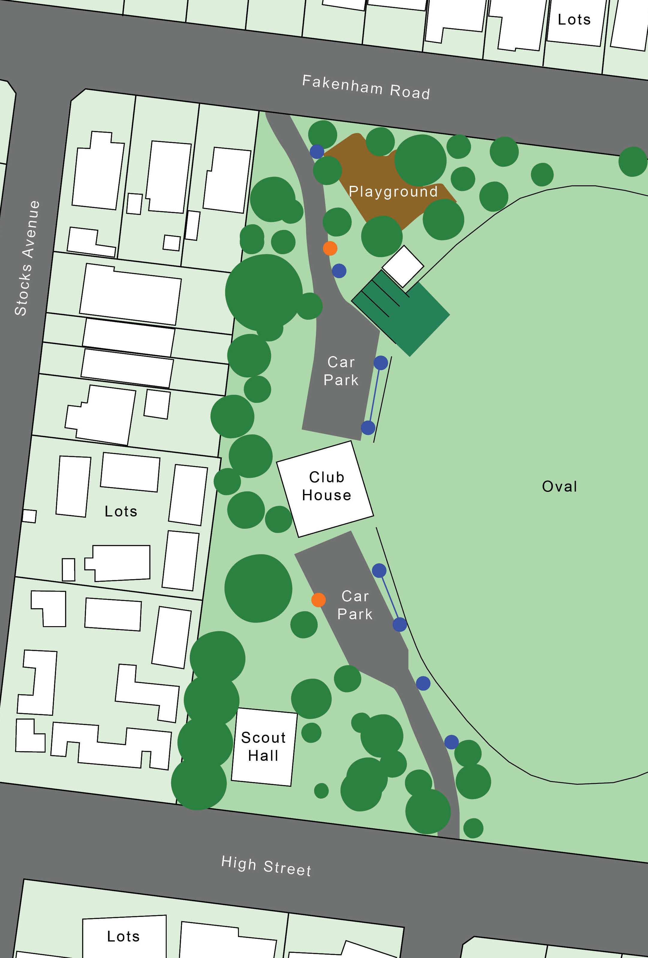 A map of Ashburton Park that uses blue circles to show where the new solar lights will be installed (subject to final design and site conditions), and orange circles to show where the existing lights powered by electricity will be removed (subject to authority approvals).