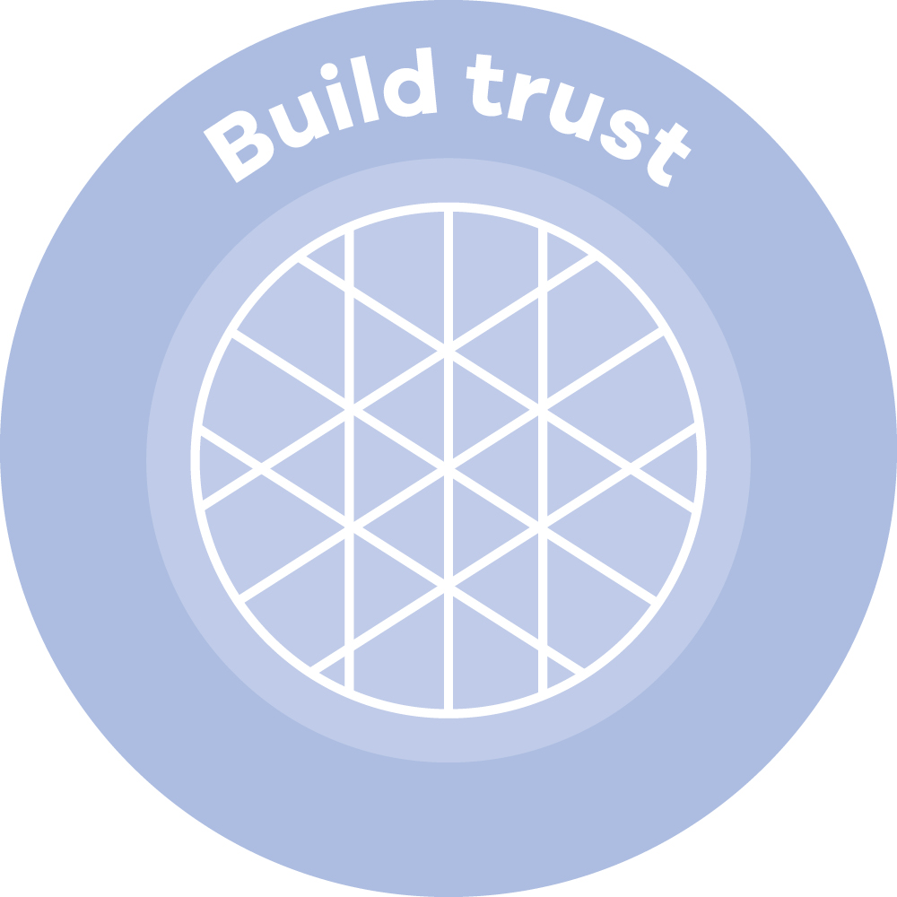 A circle with cross-hatching lines through it with the words 'Build trust' above it