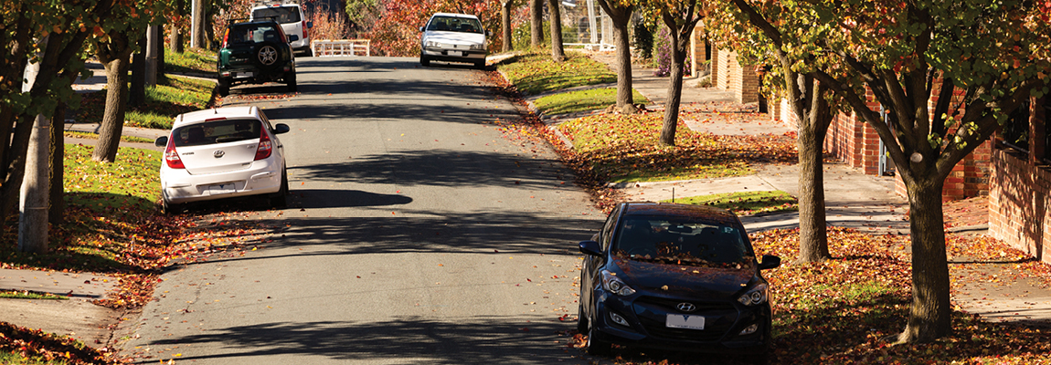 A residential street with autum leaves in the kerbs and beneath street trees