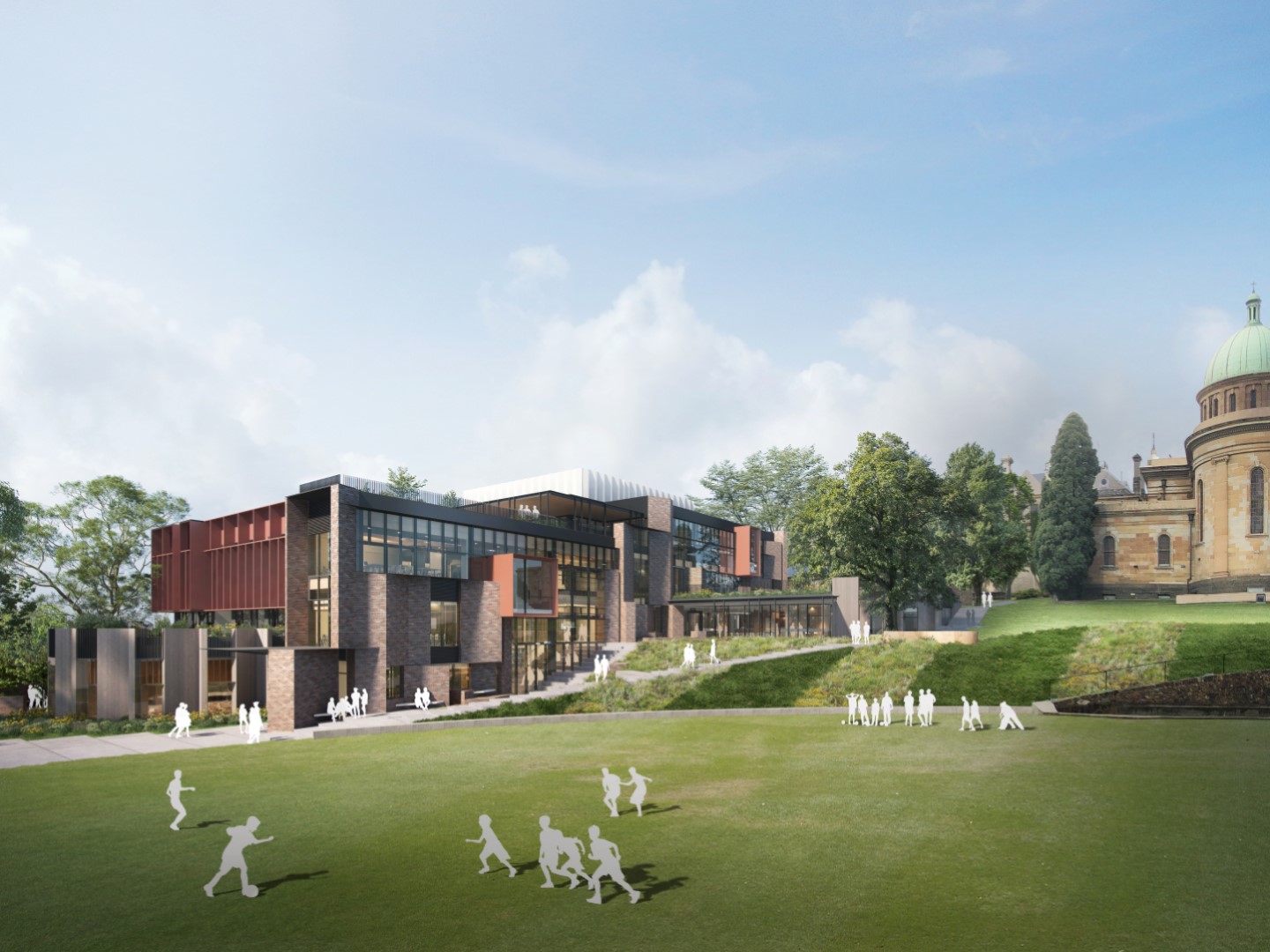 Looking up a lawn area that has outlines of children playing, to a modern angular building with lots of windows