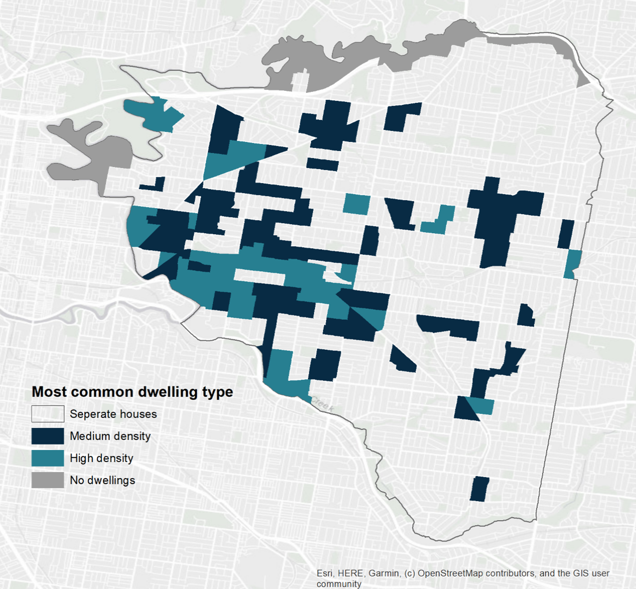 Map of Boroondara showing high density dwellings as the dominant dwelling type and medium density dwellings also appearing predominantly. Both of these types appear mostly in the western part of the map.