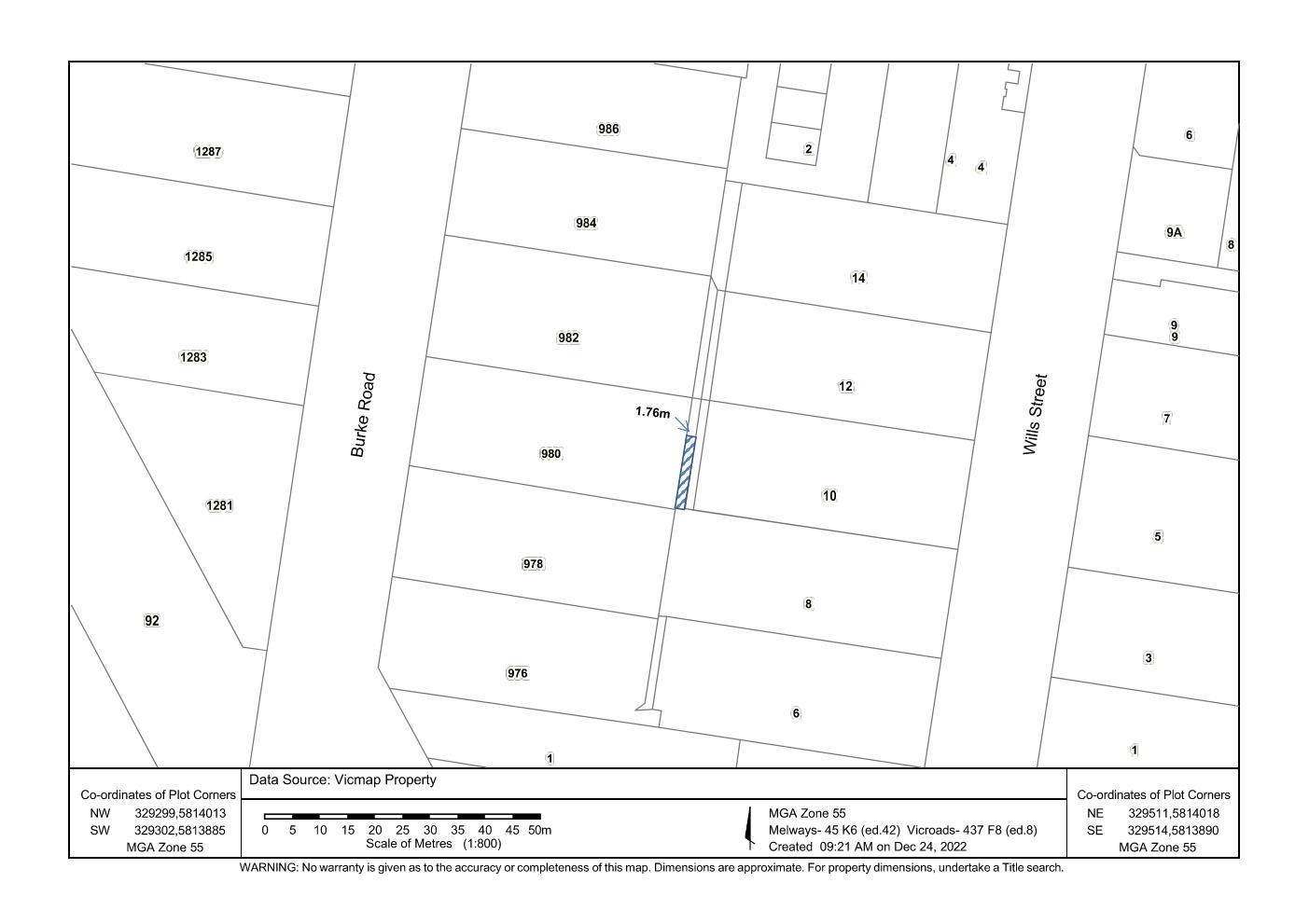 A site map showing the lots between Burke Road and Wills Street, indicating the area between the rear of lot 980 Burke Street and lot 10 Wills Street that will be sold