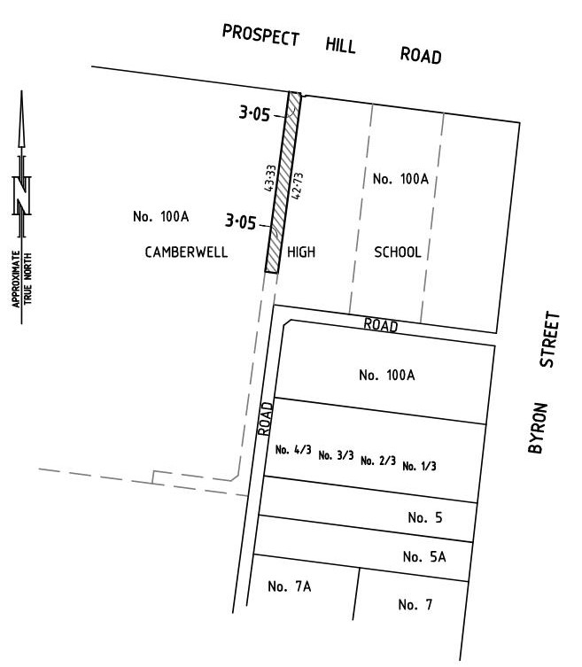 Map showing the location of the carriageway easement/road within Camberwell High School, running perpendicular to Prospect Hill Road