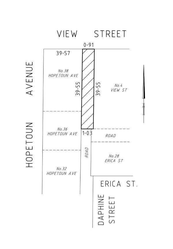 A site map showing the land at the intersection of Hopetoun avenue and View Street, with a highlighted area indicating what is to be sold, between the corner property and number 4 view street
