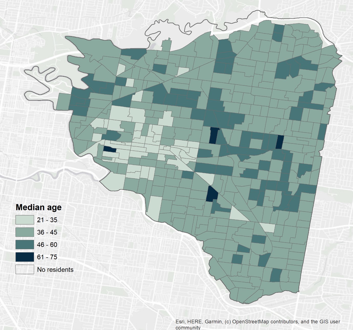 This map shows that most neighbourhoods have a median age of 36 to 45. Four neighbourhoods have a median age of 61 to 75 years while 51 neighbourhoods, mainly in Hawthorn and Hawthorn East, have a median age between 21 and 35.