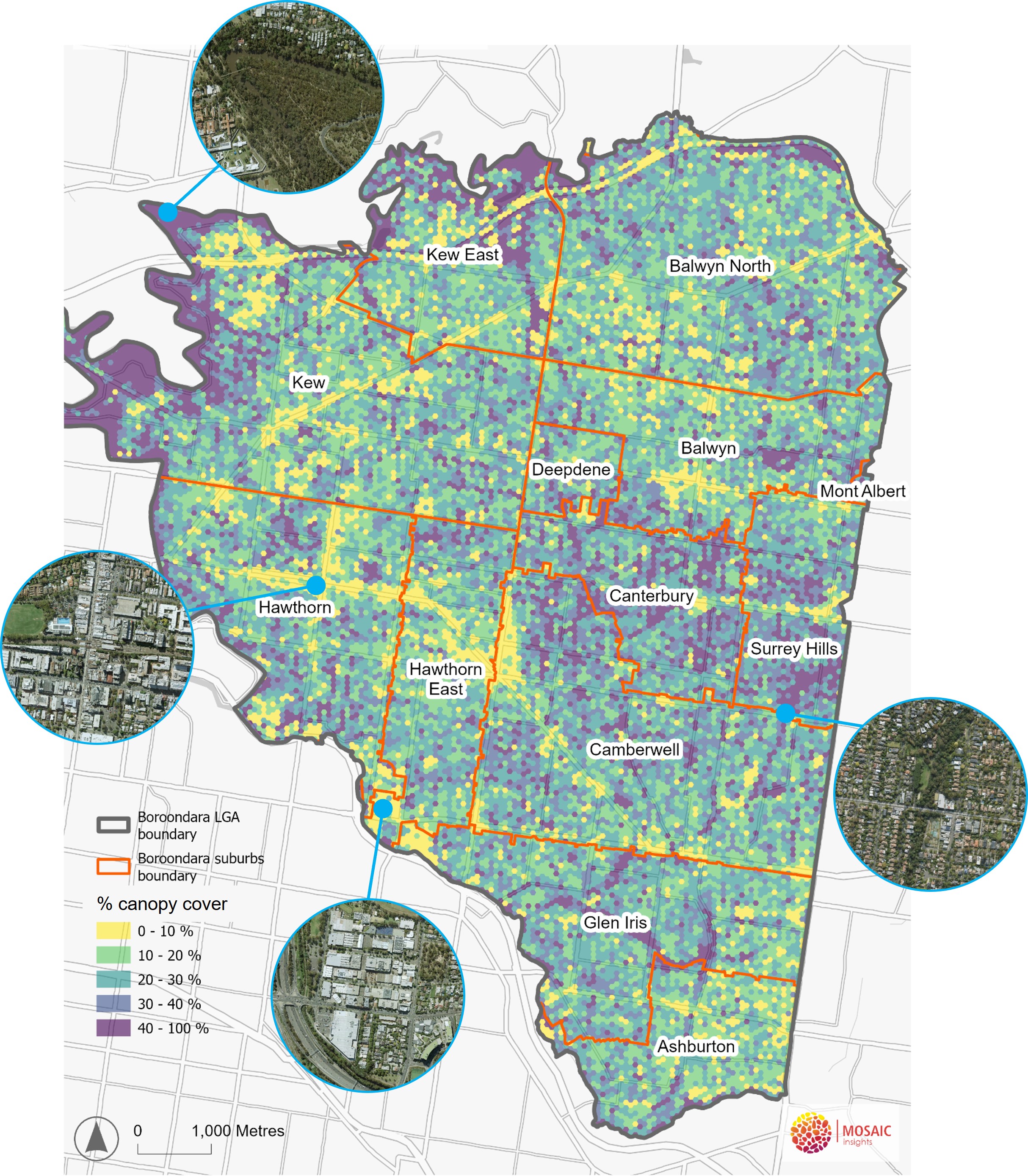Map of tree canopy cover across all of Boroondara. Smaller inset aerial images show 2 areas of high canopy cover, one along the Yarra River in Kew and one along Back Creek in Surrey Hills. Smaller inset aerial images also show 2 areas of low canopy cover, one in the south-west corner of Hawthorn East that includes the commercial area between the Monash Freeway and Tooronga Road, and one in Hawthorn at the intersection of Burwood and Glenferrie roads.