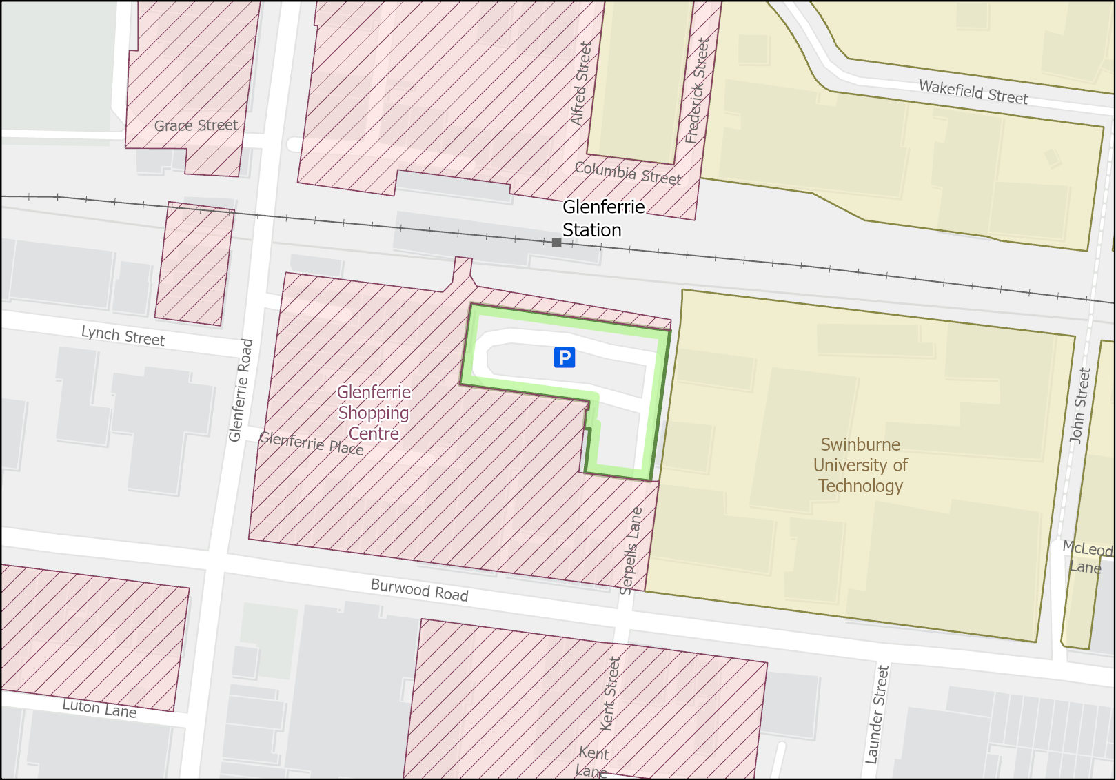 A map showing Serpells Lane car park in between Swinburne University and Glenferrie Shopping Precinct