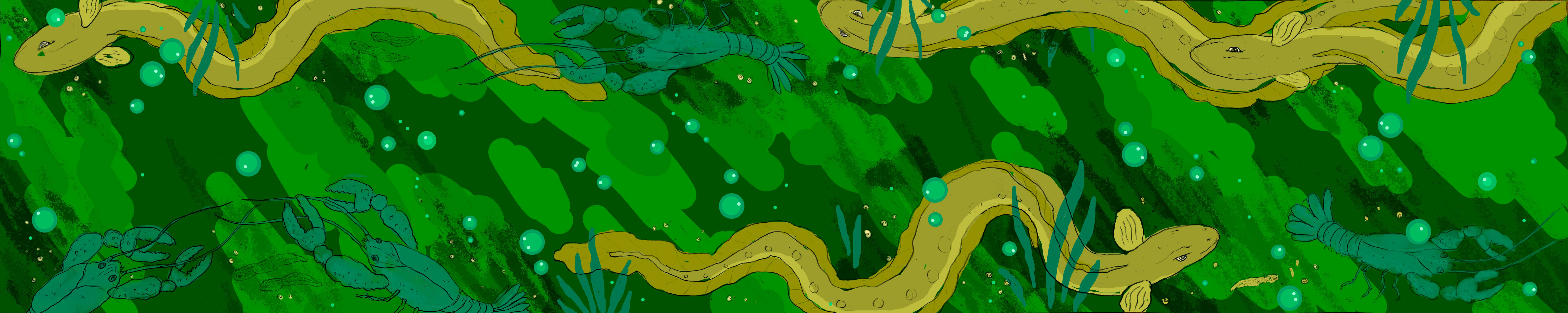 a green and yellow painting of fish and lobsters in water