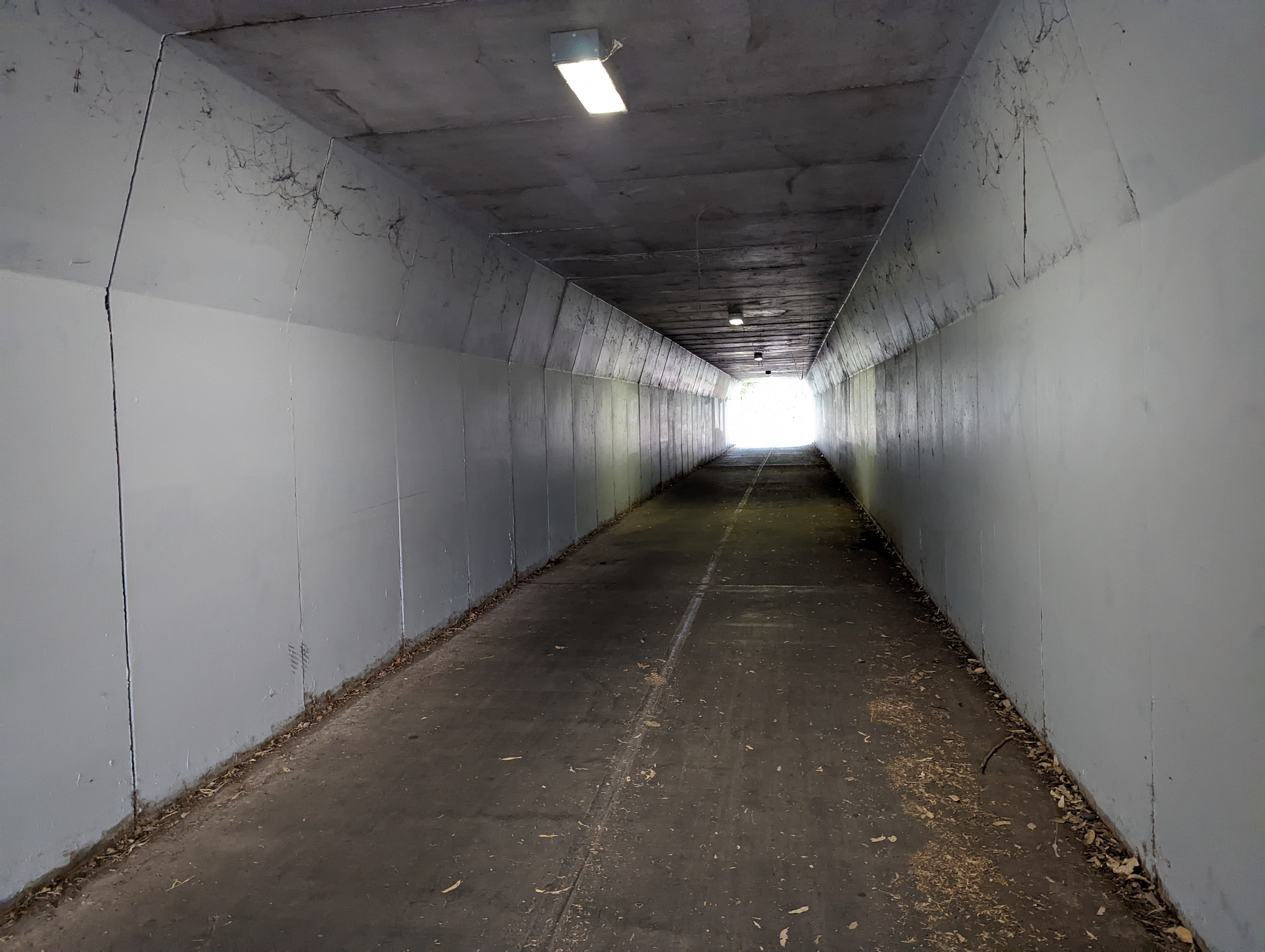 a gloomy underpass with white walls and light shining in at the far side