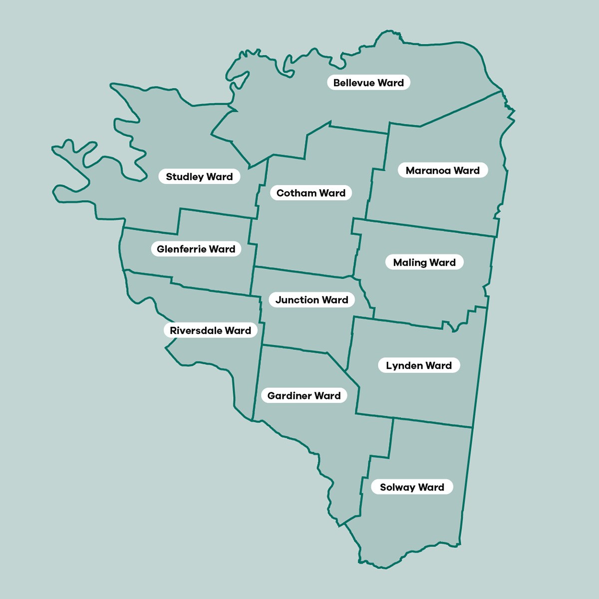 A line map drawing featuring all the wards of Boroondara and their current boundaries. From the top: Bellevue Ward, Studley Ward, Cotham Ward, Maranoa Ward, Glenferrie Ward, Junction Ward, Maling Ward, Riversdale Ward, Gardiner Ward, Lynden Ward, Solway Ward 