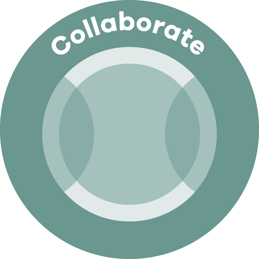 A circle with two other semi circles overlapping it from either side with the word 'Collaborate' above them