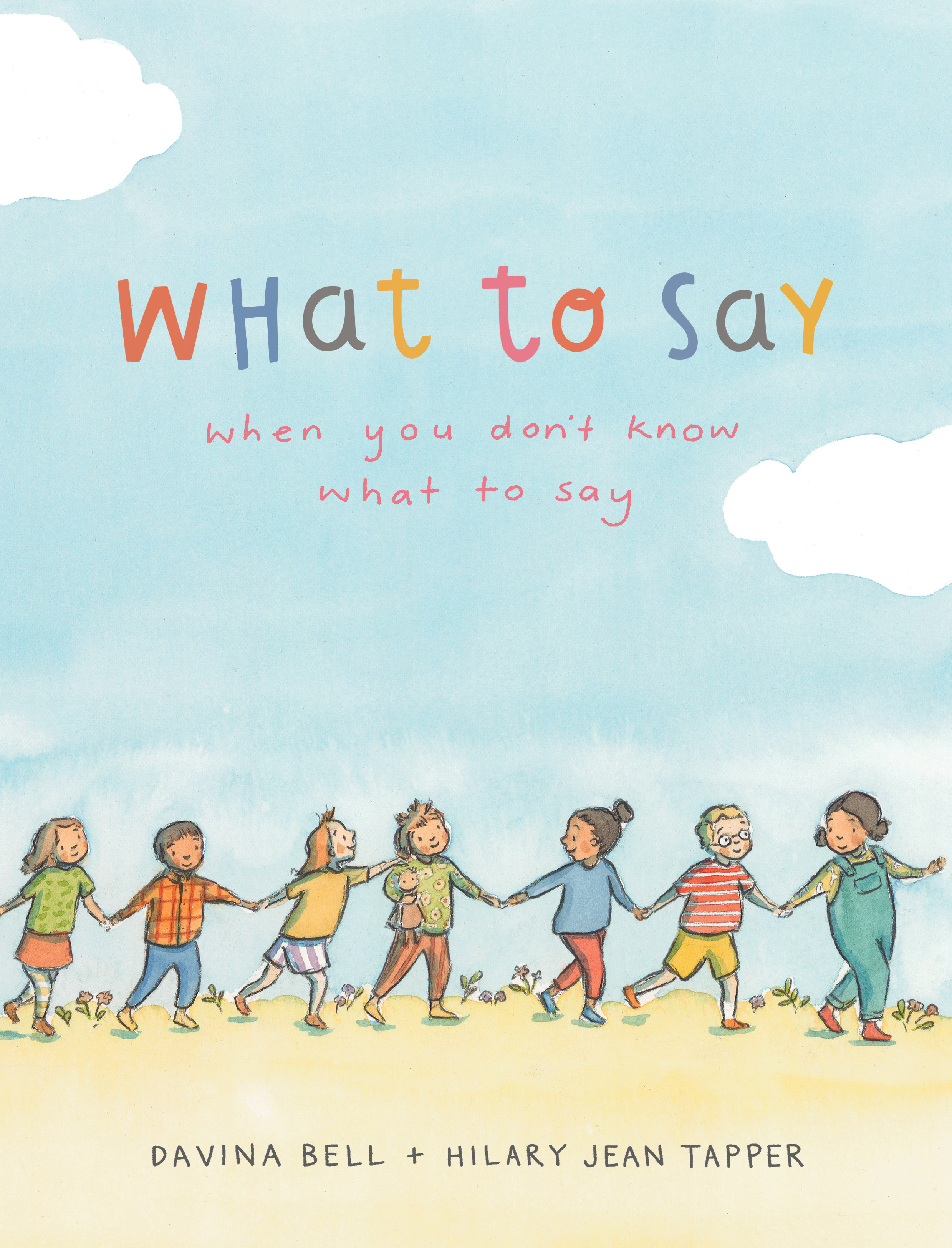 What to say book cover by Davina Bell. Illustrated children walking on the beach