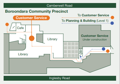 map showing location of customer service area between the cafe and library