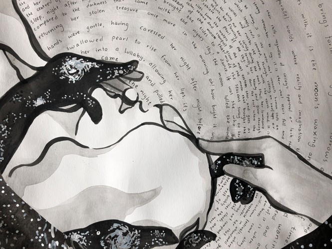 Black and white artwork of hands reaching out to each other with lots of words written in the background.