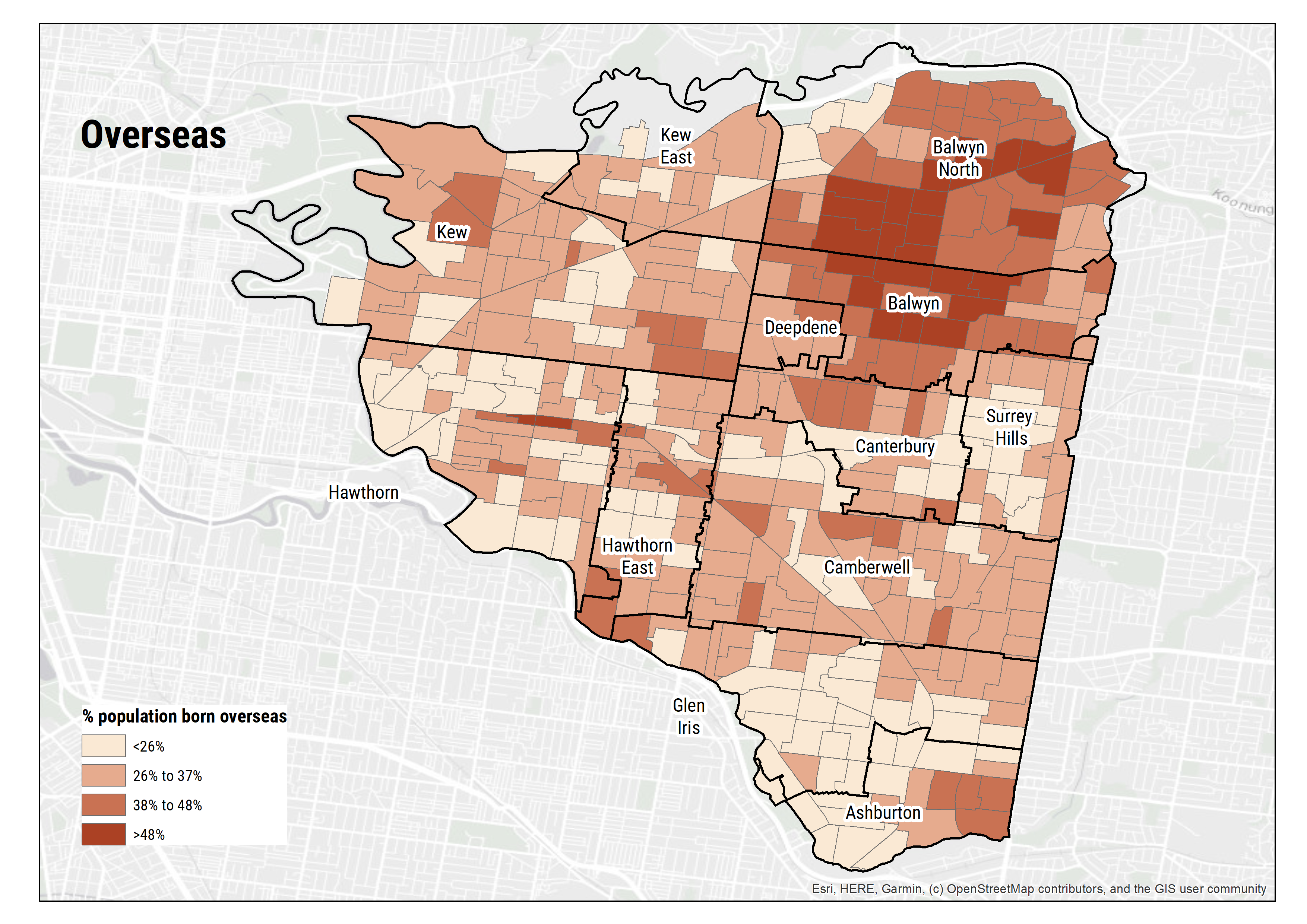 Map showing the distribution of overseas born residents living in Boroondara. Balwyn and Balwyn North have the highest percentages, with 38 and up percent of the population being born overseas. Most of Boroondara averages 26% to 37% of the population born overseas.