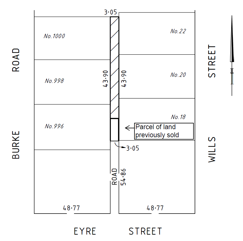 A line drawing of the parcel of land to be sold and the adjoining lots. A small lot of the road south of the current parcel to be sold was previously sold.