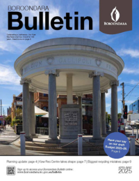 Boroondara Bulletin cover featuring the Kew War Memorial on a sunny day