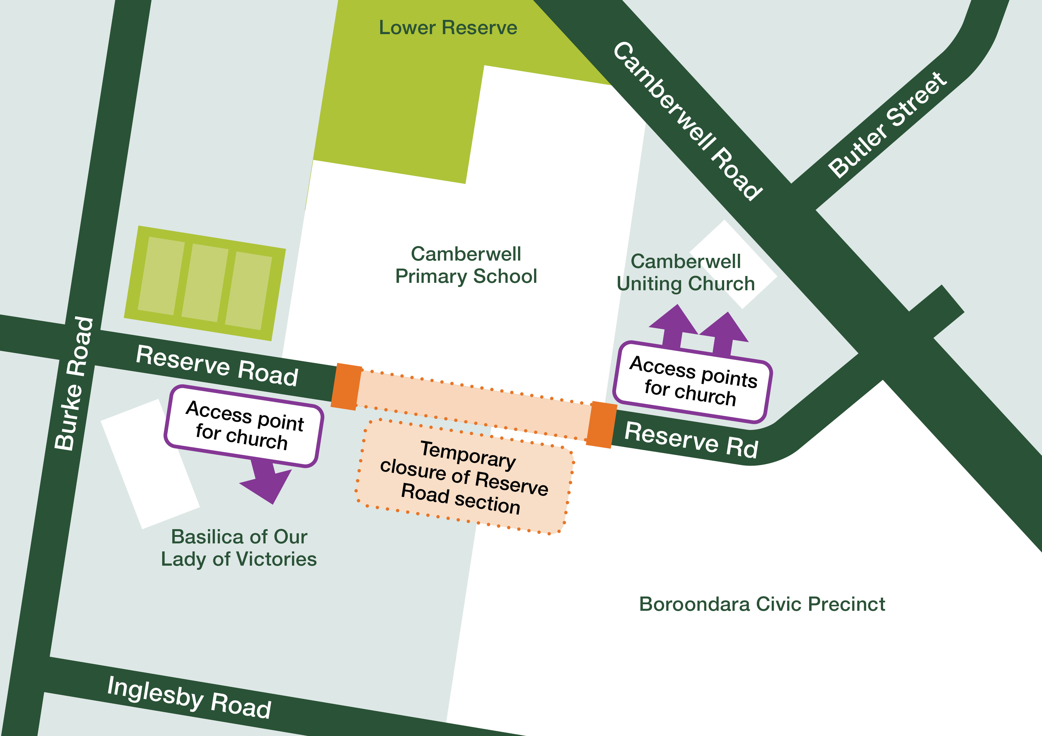 a map showing the section of reserve road that is closed, with access points at the east and west ends for the churches.