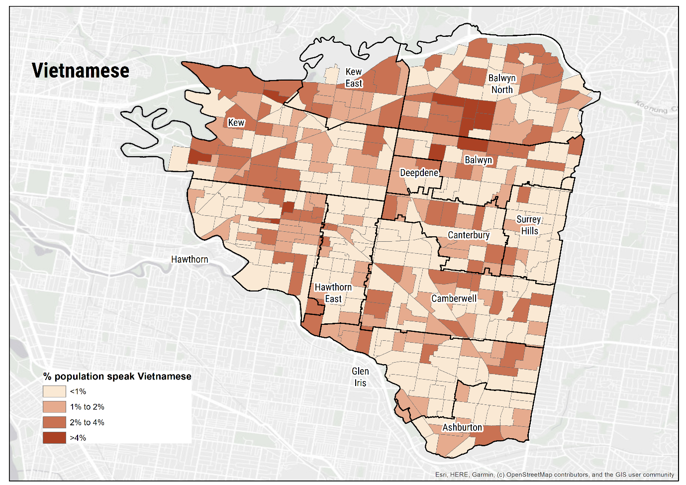 Map 5 shows the percentage of the population at an SA1 level who speak Vietnamese. The map is shaded in four categories: less than 1% (light cream), 1% to 2% (light brown), 2% to 4% (medium brown), and over 4% (dark brown). Higher proportions of residents who speak Vietnamese are particularly concentrated in Balwyn and Balwyn North.