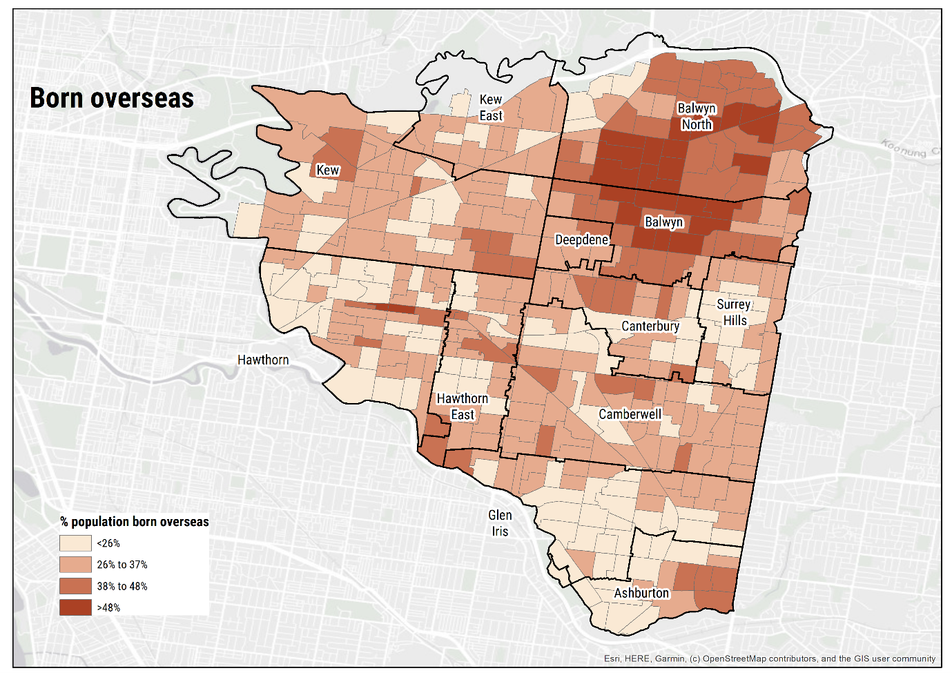 Map 1 shows the percentage of the population born overseas across the City of Boroondara at the SA1 level. The map is shaded in four categories: less than 26% (light cream), 26% to 37% (light brown), 38% to 48% (medium brown), and over 48% (dark brown). Higher proportions of residents born overseas are concentrated in the northern and northeastern areas, particularly Balwyn and Balwyn North. Lower proportions are seen in the southern and southeastern areas, including Ashburton and parts of Glen Iris.