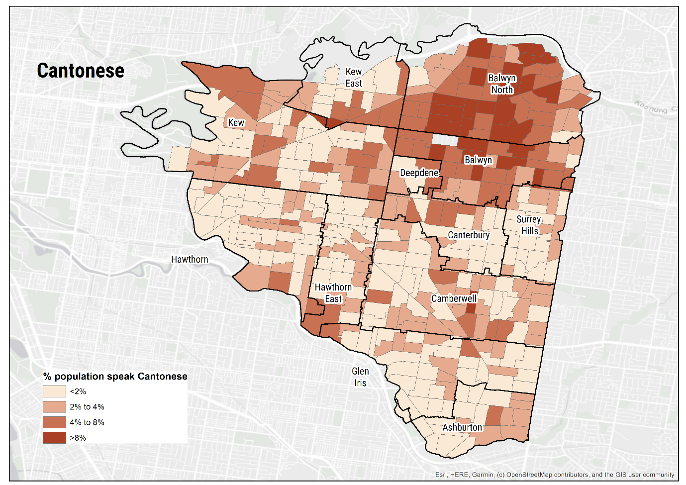 Map 3 shows the percentage of the population at an SA1 level who speak Cantonese. The map is shaded in four categories: less than 2% (light cream), 2% to 4% (light brown), 4% to 8% (medium brown), and over 8% (dark brown). Higher proportions of who speak Cantonese are concentrated in the northern and northeastern areas, particularly Balwyn and Balwyn North. Lower proportions are seen in the southeastern areas, including Ashburton and parts of Glen Iris.