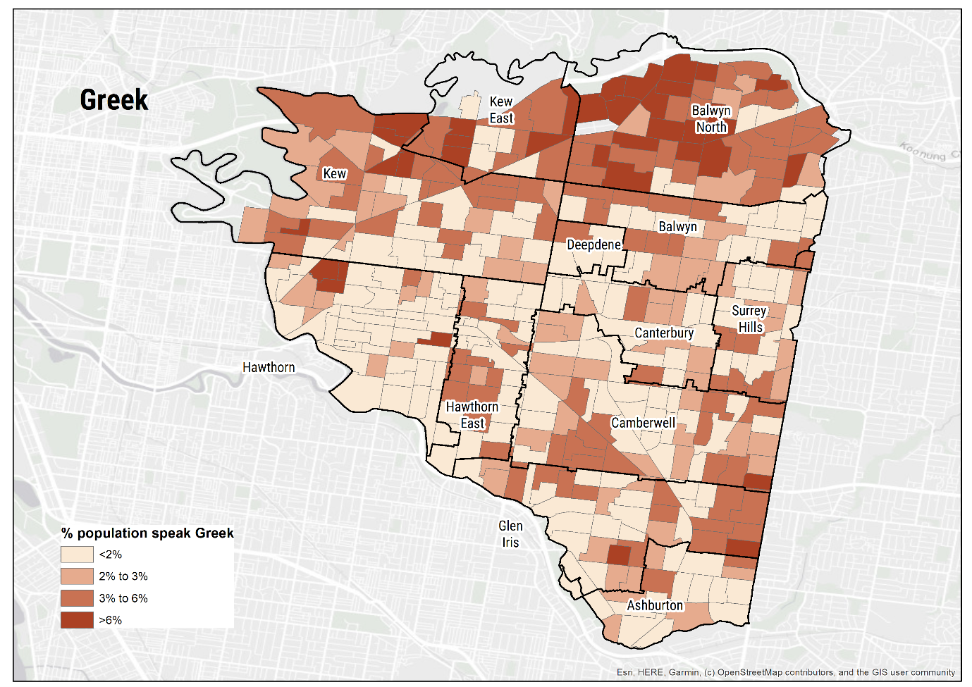 Map 4 shows the percentage of the population at an SA1 level who speak Greek. The map is shaded in four categories: less than 2% (light cream), 2% to 3% (light brown), 3% to 6% (medium brown), and over 6% (dark brown). Higher proportions of residents who speak Greek are concentrated in the northern and northeastern areas, particularly Kew, Kew East and Balwyn North.