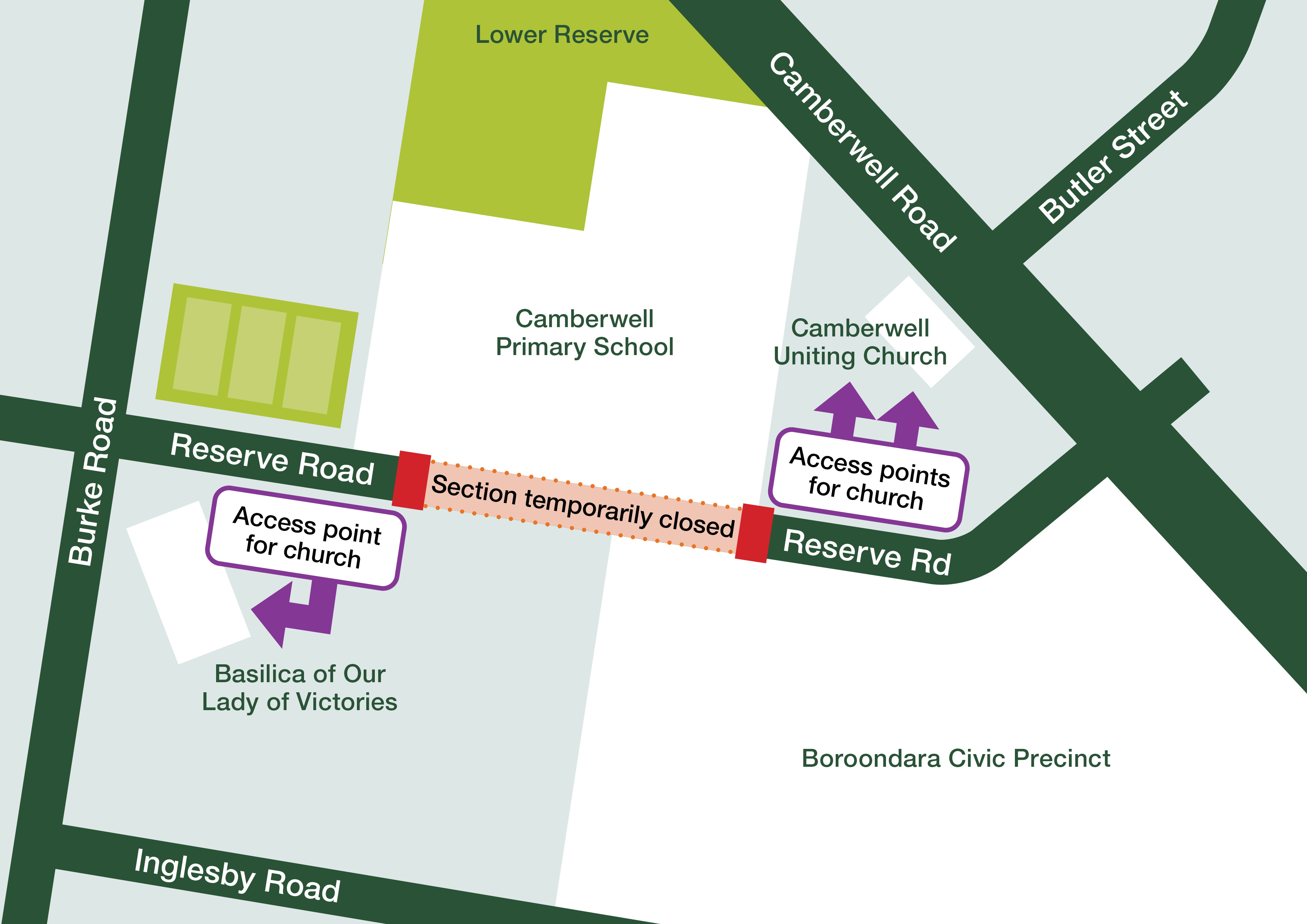 Map showing the section of Reserve Road in Camberwell that is temporarily closed. The section is near Camberwell Primary School.