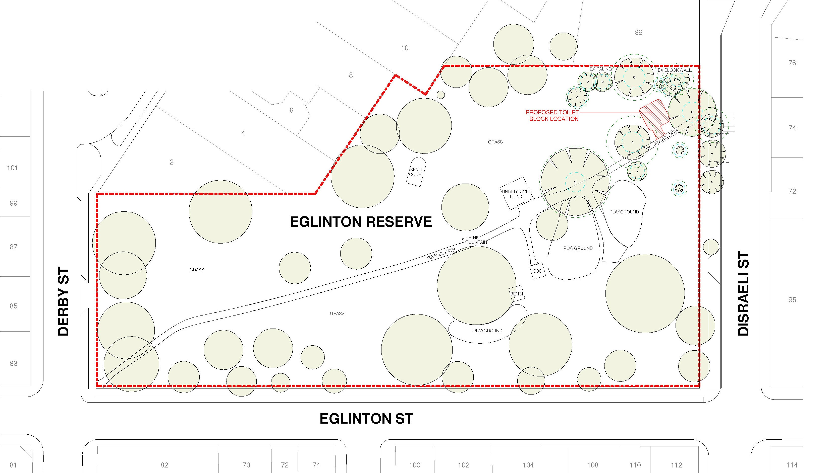 A map of Eglinton Reserve, Eglinton st to the south and Disraeli st to the east. A footpath goes from the south west corner up to the north east. The proposed toilet block is shown along the path near the Disraeli st end.