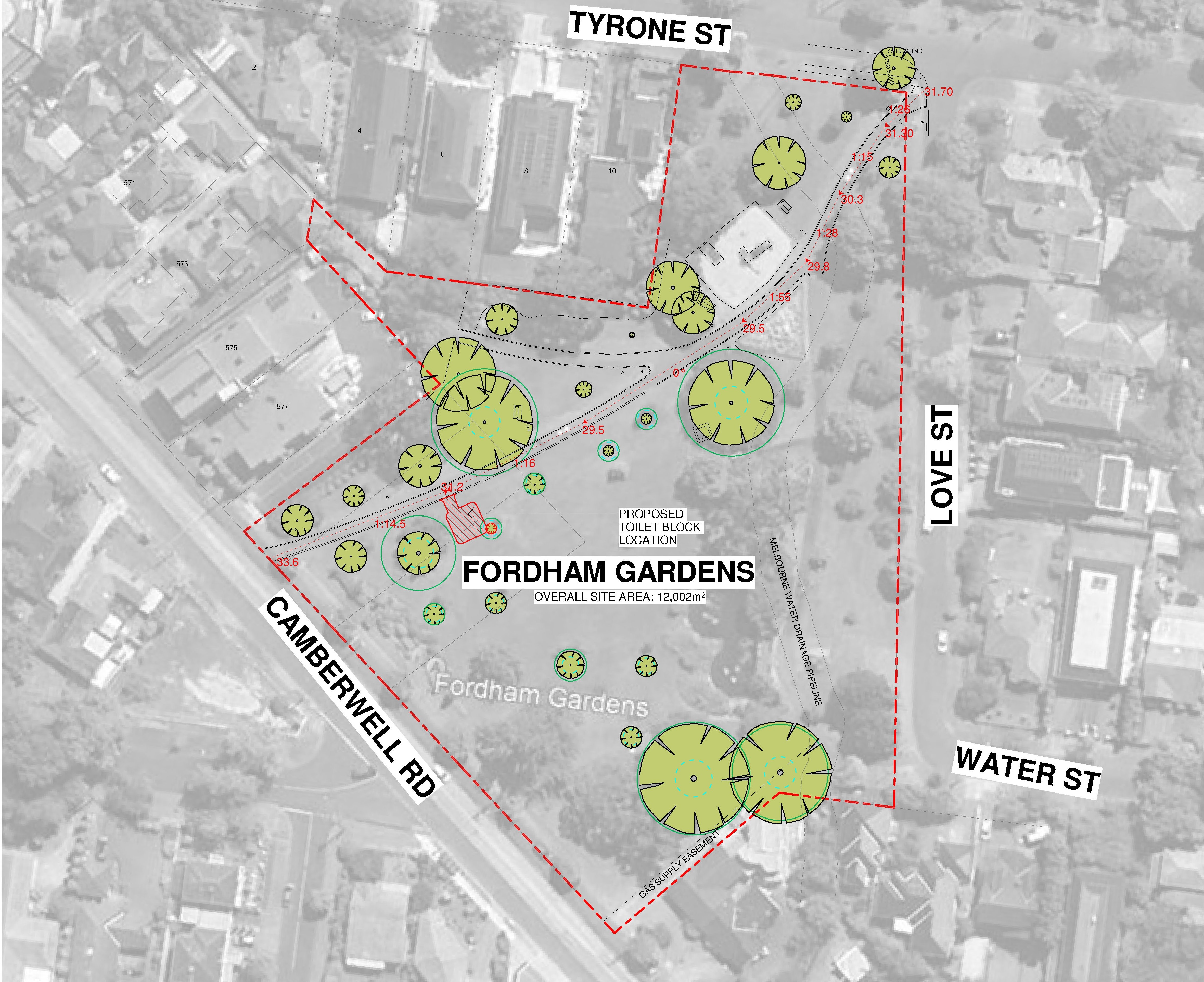 An arial view of Fordham Gardens. A path moves from the west side at Camberwell road to the north east lunction of Tyrone st and Love st. The new toilet location is marked close to the Camberwell road end of the path.