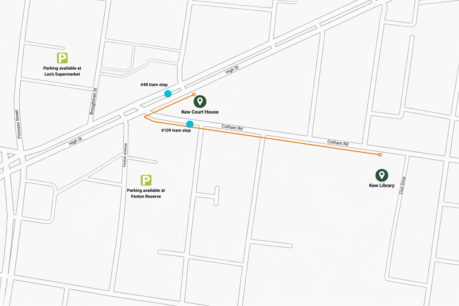 Map showing route from Kew Library to Kew Court House