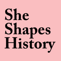 logo, 'She shapes history' in black text on pink background