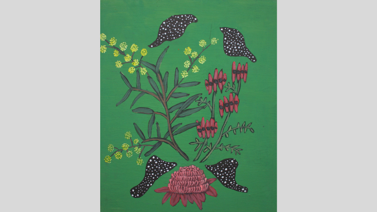 Abstract painting of yellow wattle and portions of the night sky on a green background