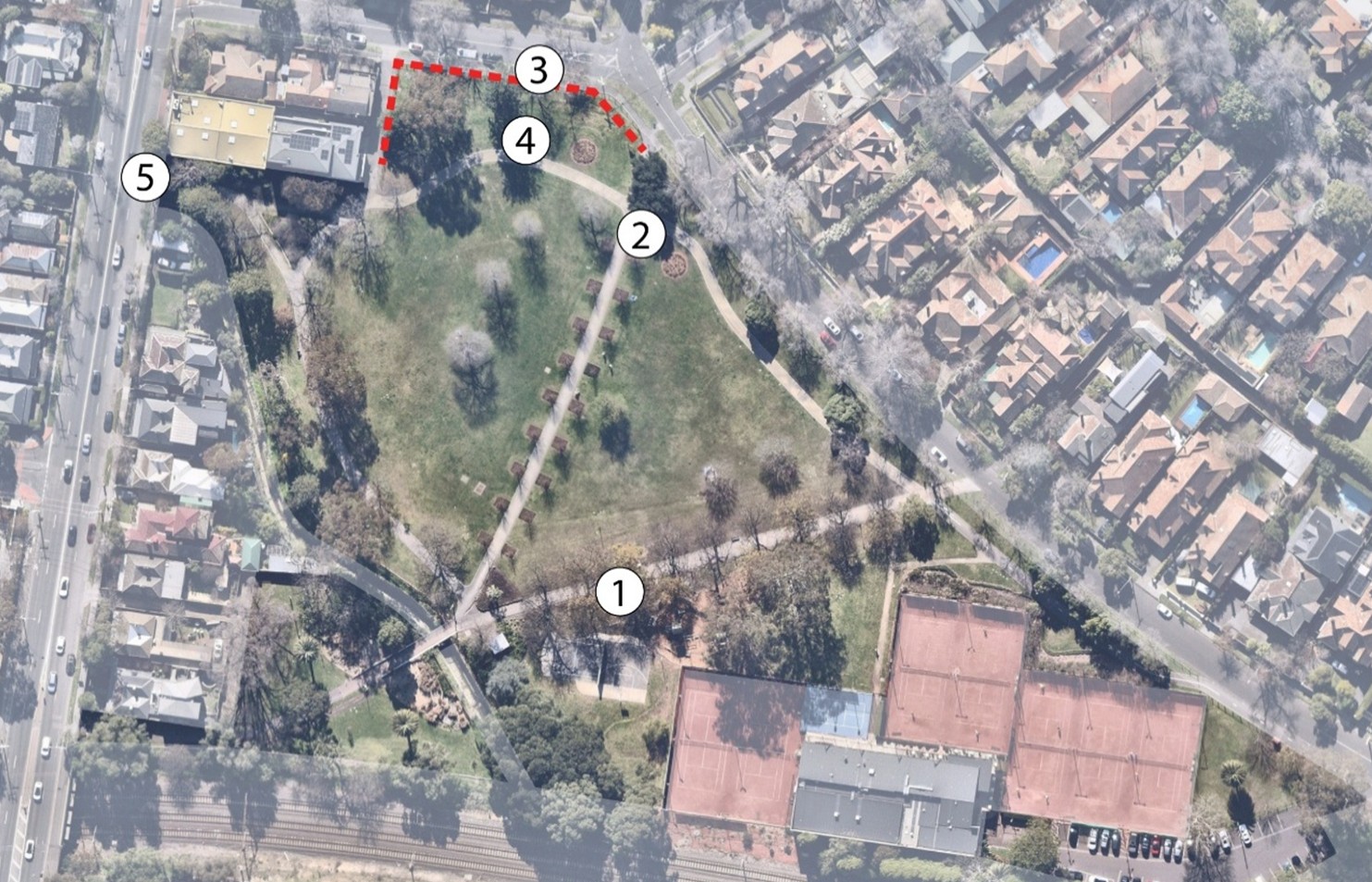 Arial view of Grace Park, with the surrounding area faded out. 5 areas are numbered, correlating to the numbered list of upgrades on the page.