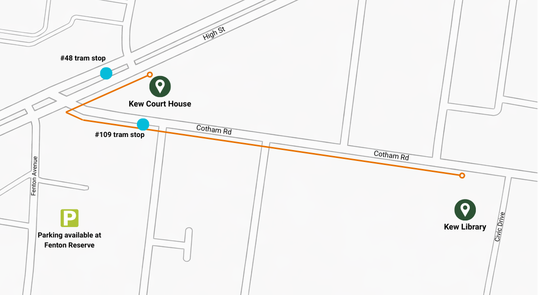 Map showing route from Kew Library to Kew Court House