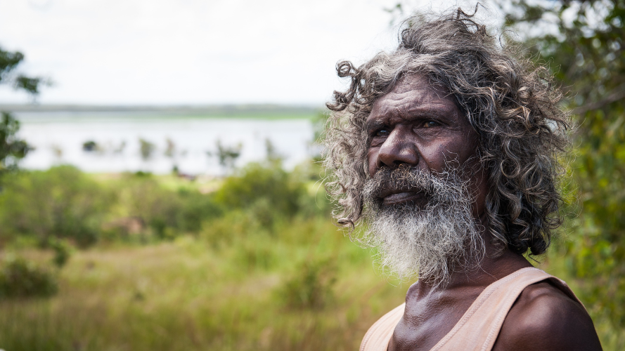 An Aboriginal man with curly hair and a greying beard looks off into the distance. behind him is green grass leading to water.