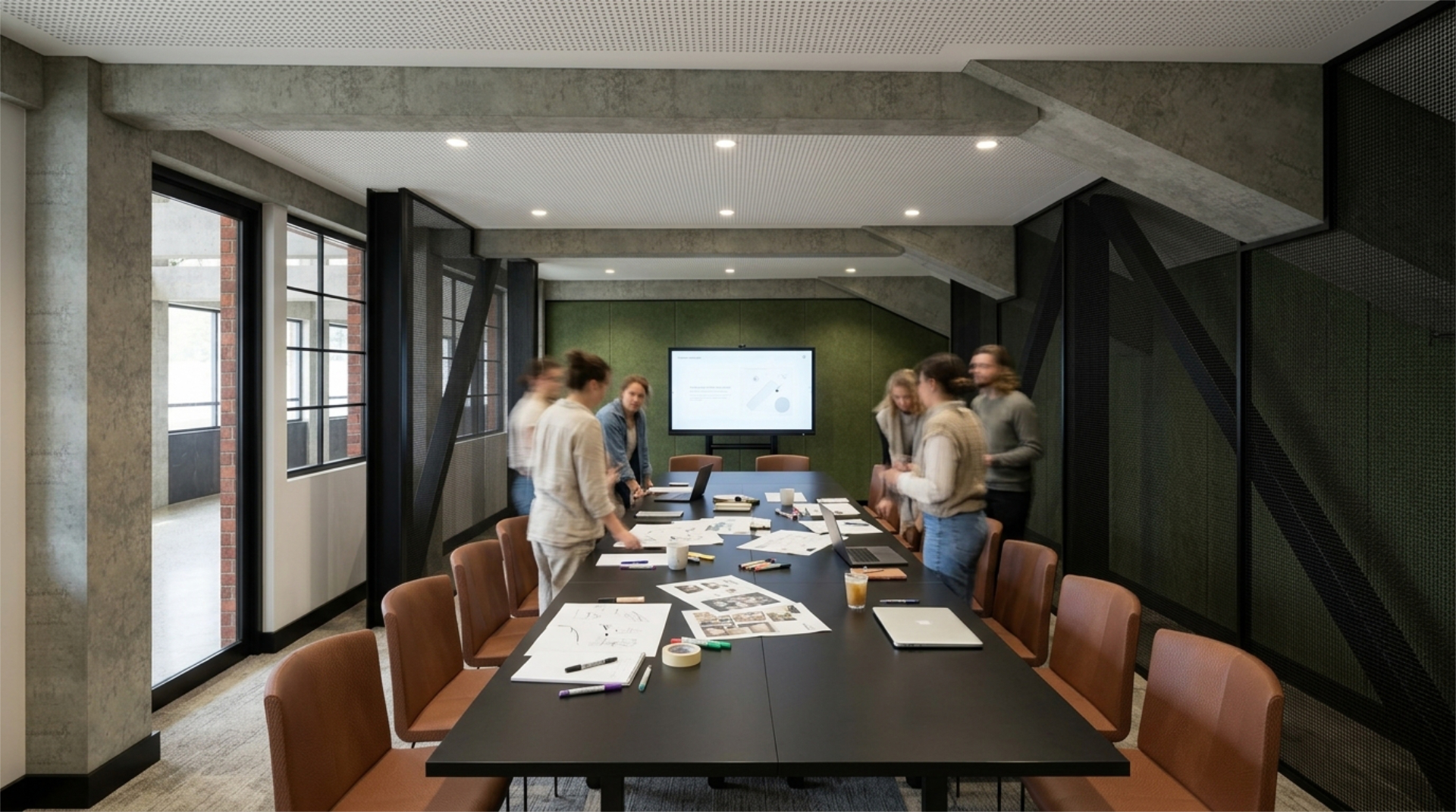 A long room with concrete pillars and green panneling has a boardroom style table in the middle, surrounded by 16 chairs. people are standing around the table, which is covered in paper and markers.