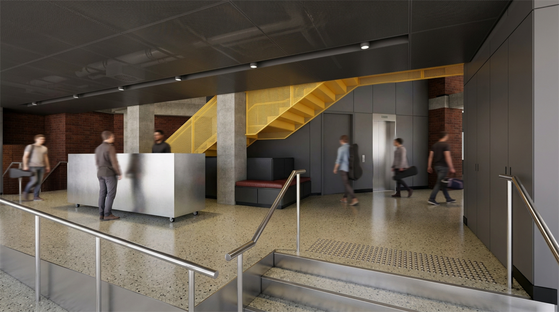 Polished concrete floors, a customer service desk and yellow stairs leading to higher levels.
