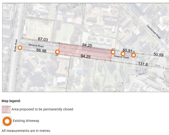 A map of Reserve Road indicating the section proposed to be permanently closed, as well as the existing driveways which will retain access.