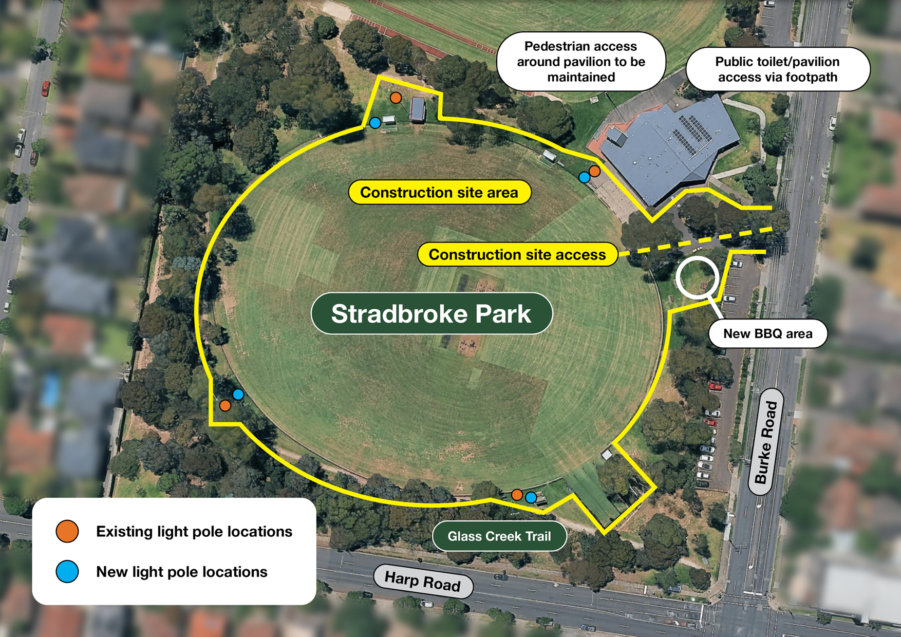 Arial view of Stradbroke Park, the construction site area outlined in yellow. Existing lightpoes are marked in orange dots, with the light pole locations in blue, and closer to the field than the existing poles. Pedestrian access to the pavilion will be maintained. The new BBQ area is circled near the Burke road carpark.