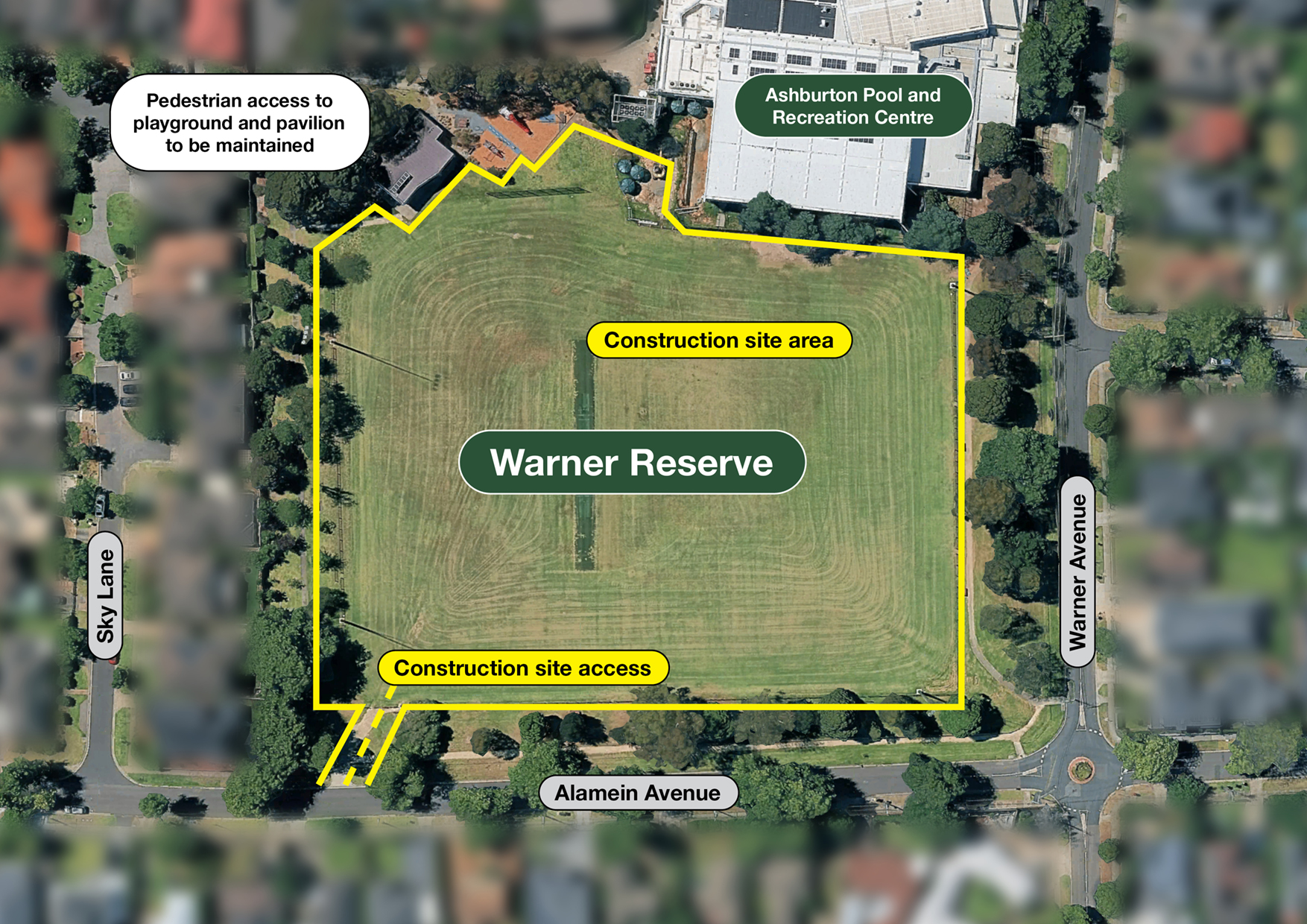 Arial view of Warner reserve, the the construction site area outlined in yellow. Construction site access is from Alamein Ave, and pedestrian access to the playground and pavilion will be maintained.