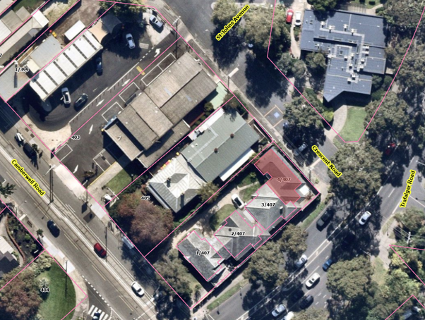 Arial view of 4/407 Camberwell Road, on the corner of Camberwell, Trafalgar and Crescent roads.