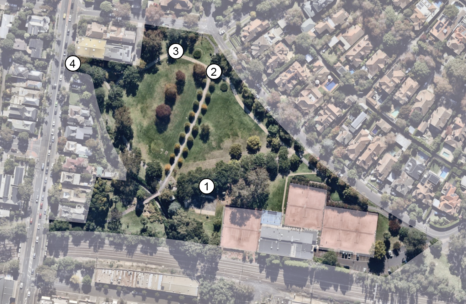 Arial view of Grace Park, with the surrounding area faded out. 5 areas are numbered, correlating to the numbered list of upgrades on the page.