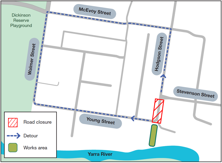 Map of the streets surrounding the Hodgson Street closure, with detour routes marked with arrows.