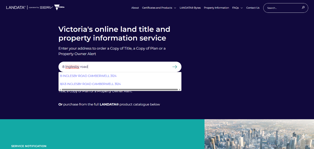 The LANDATA homepage, a dark blue background with white text reading "Victoria's online land title and property information service".