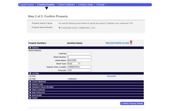 A form screen asking you to confirm the property details entered.