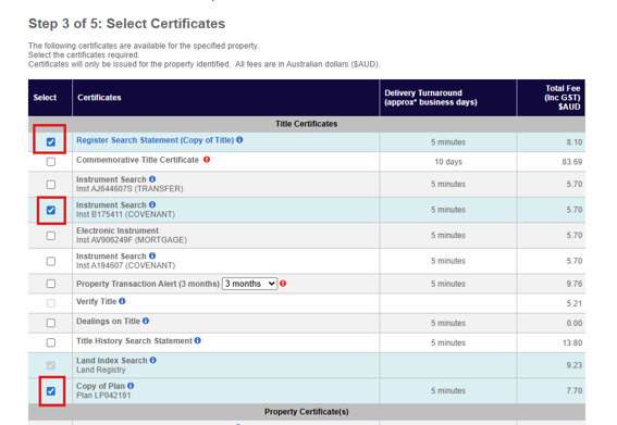 A tabled list of the available certificates related to the property title. The table also shows how long i takes to receive the documents and the cost as of financial year 2025-26.
