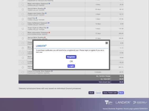A pop up over the list of available certificates asking users to register or login to use the service.