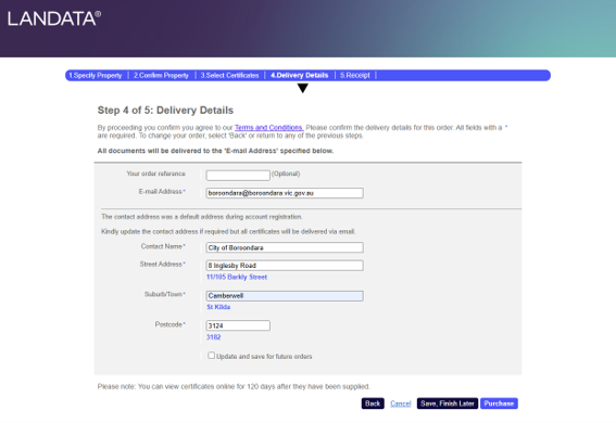 Delivery details for the requested certificates, with field for an email for documents to be sent to.